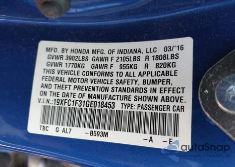 2016 Honda Civic Ex-T from USA, damaged, VIN 19XFC1F31GE018453